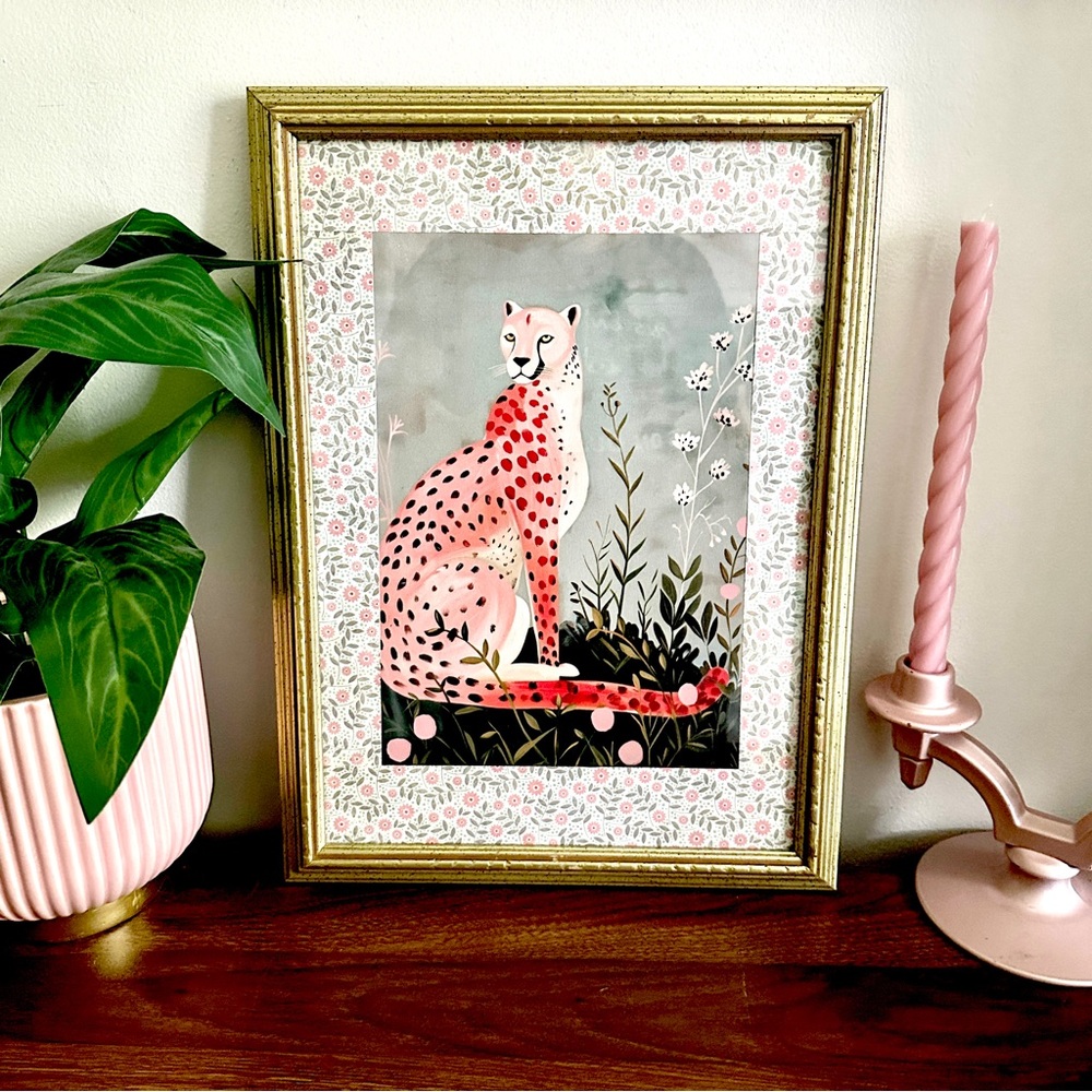 Pink Cheetah Leopard Floral Jungle Tropical Floral Gold Framed Canvas Art Print